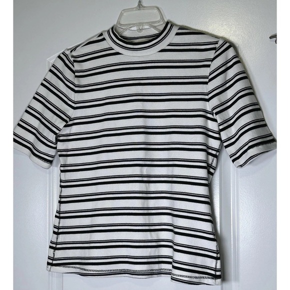 Maeve Anthropologie Shirt Womens Lg Striped Ribbed Mock Neck Short SleeveTee Top - Picture 1 of 11